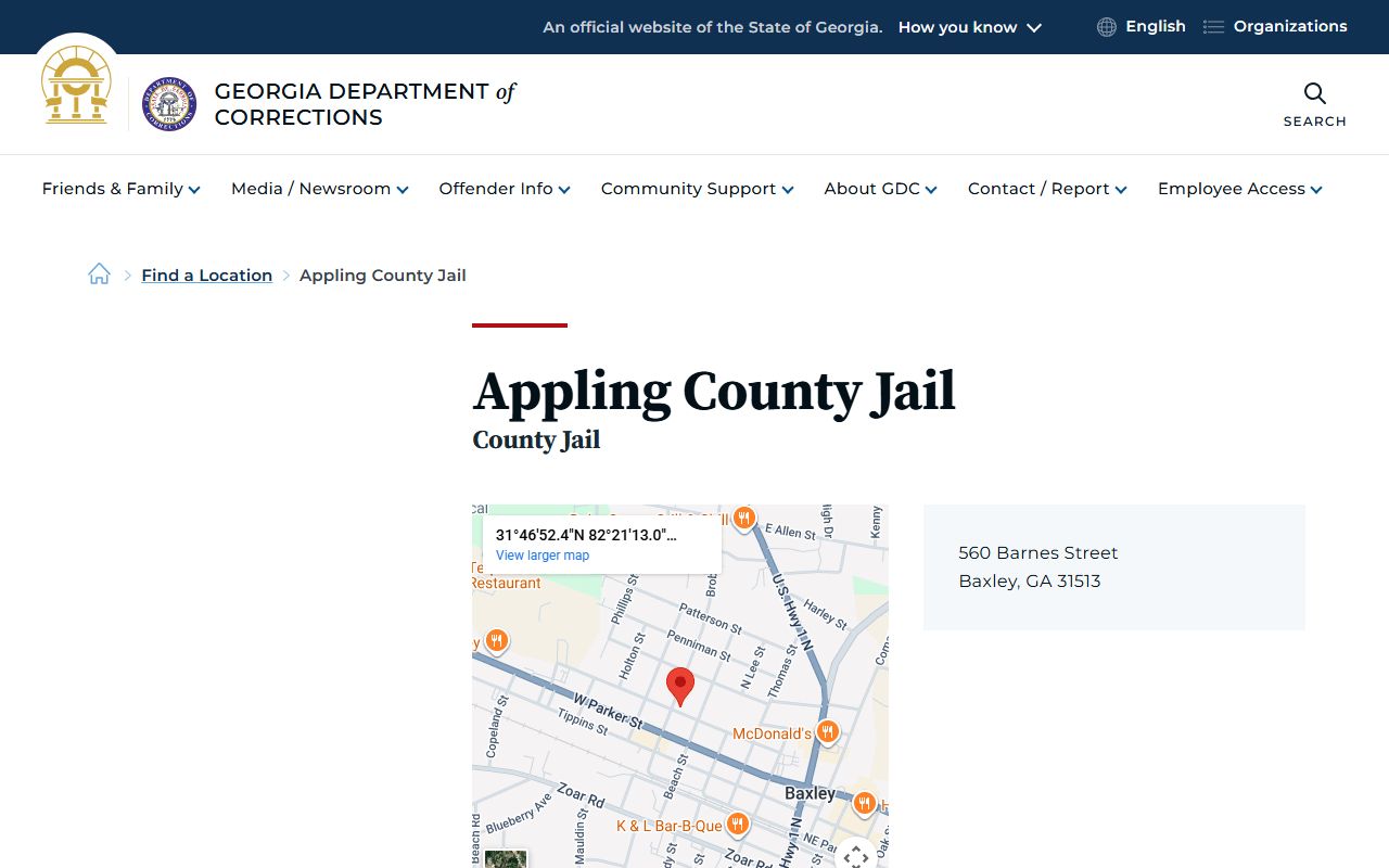Appling County Jail on the Georgia Department of Corrections location page for jail mugshots