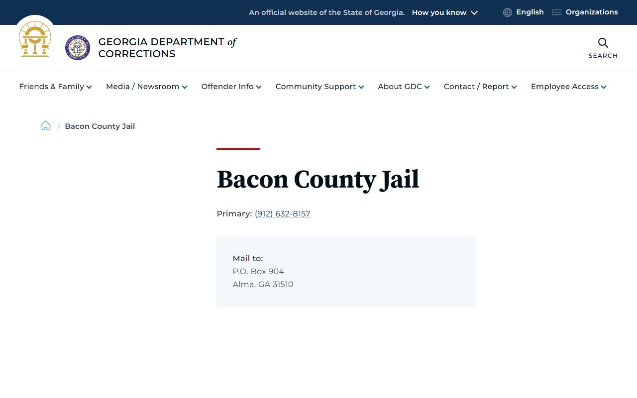 Bacon County Jail page on Georgia Department of Corrections site for mugshot records