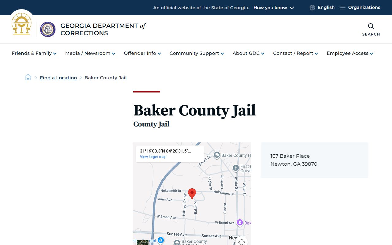 Baker County Jail listing on Georgia Department of Corrections site for jail mugshots
