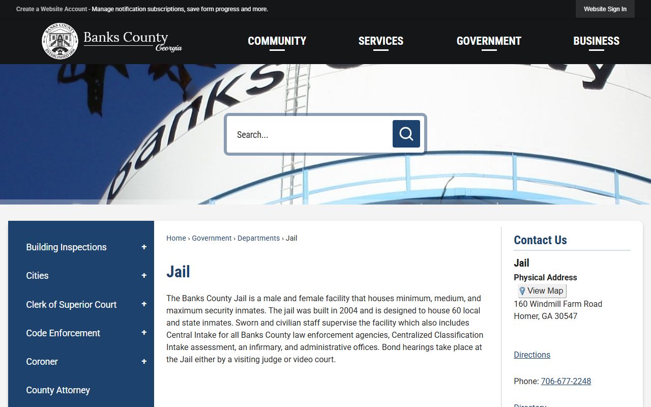 Banks County government website jail page for mugshot information