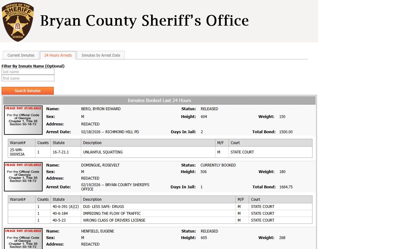 Bryan County 24-hour arrest search and inmate booking details