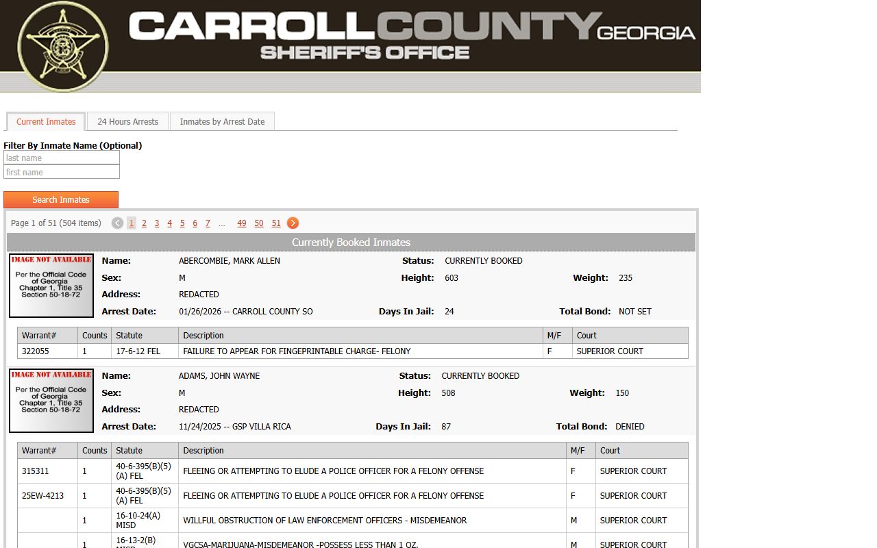Carroll County inmate search portal for jail mugshots