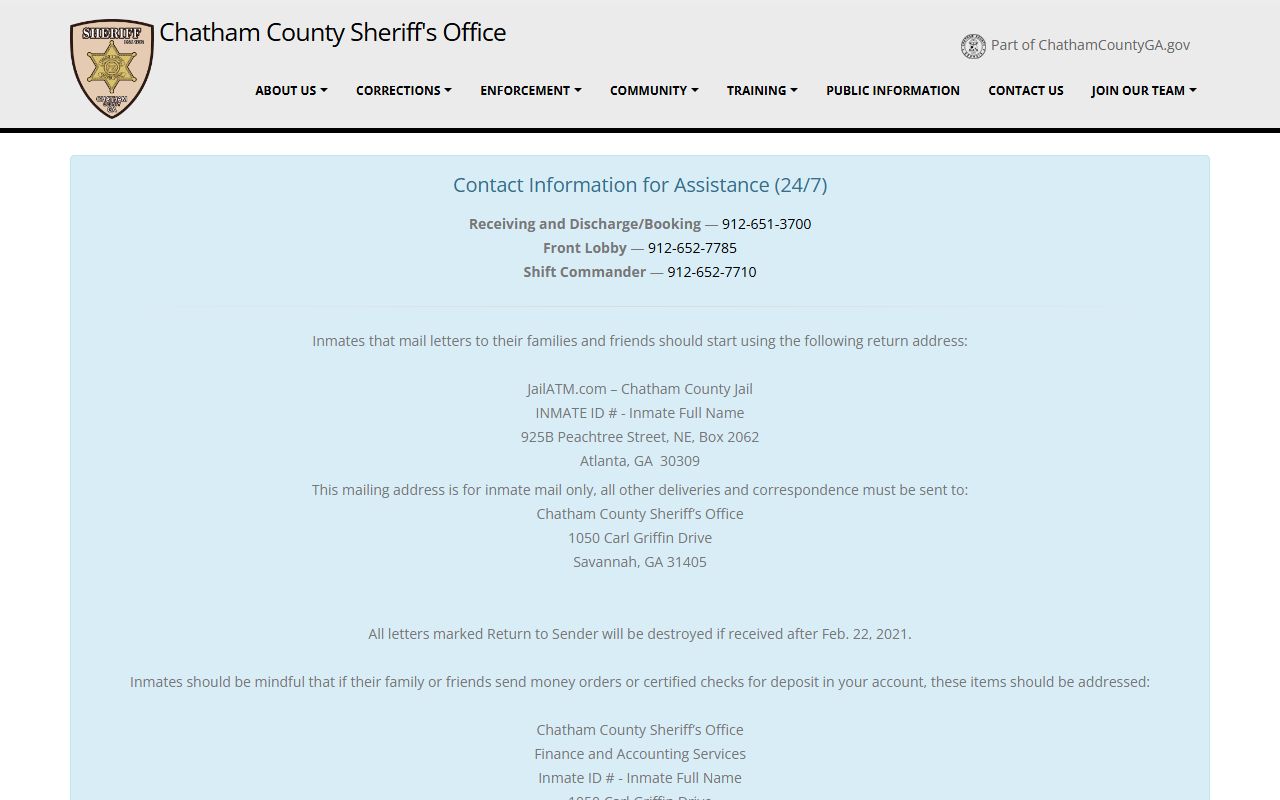 Chatham County Sheriff's Office official website for jail mugshots