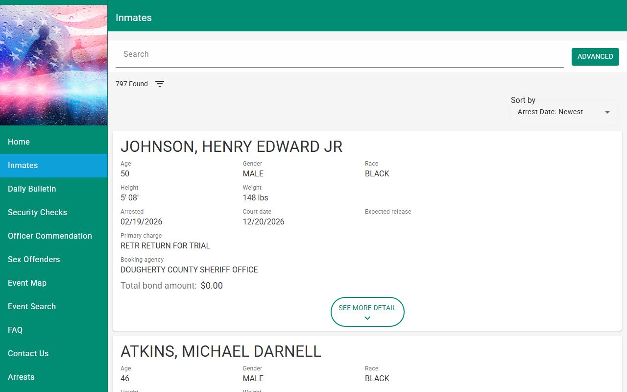 Dougherty County Sheriff inmate search portal for jail mugshots