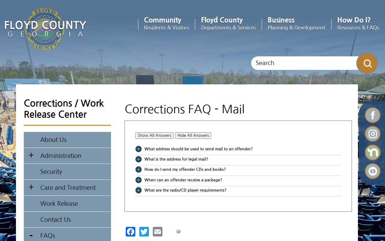 Floyd County Corrections FAQ page for jail mail and mugshot information
