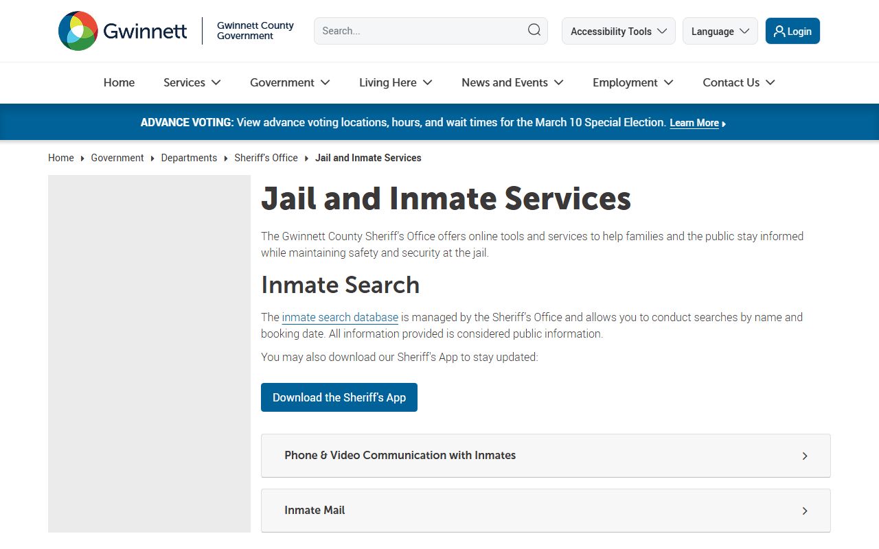 Gwinnett County Sheriff inmate services page for jail mugshots