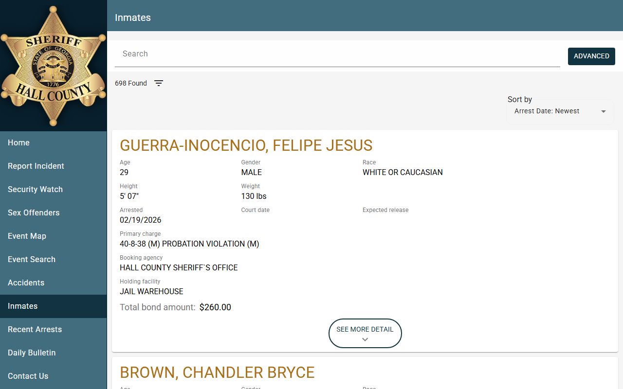 Hall County inmate catalog search for jail mugshots