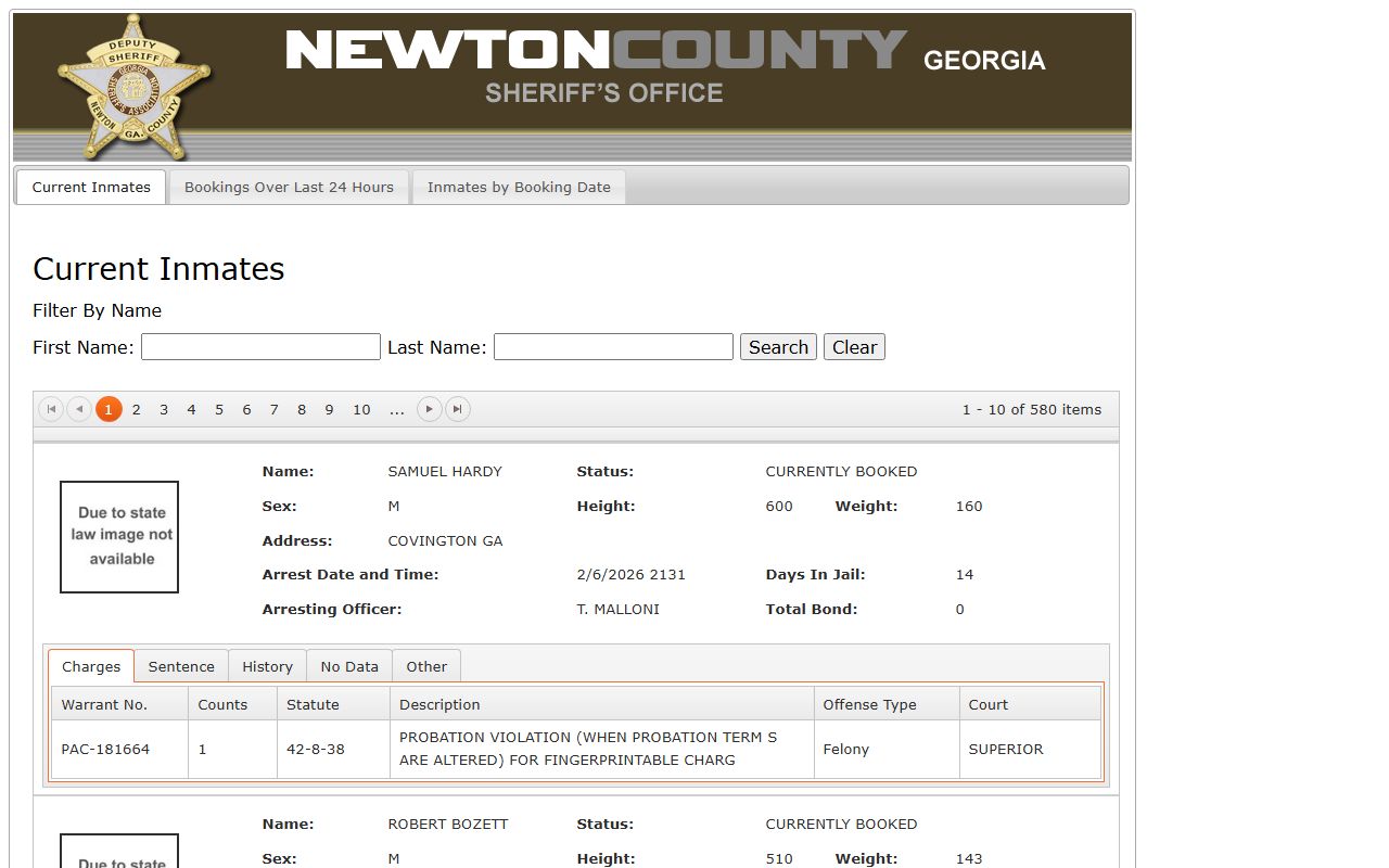 Offender Index page for Newton County jail mugshots and arrest records