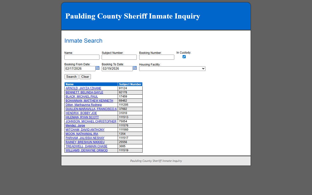 Paulding County inmate search portal for jail mugshot lookup