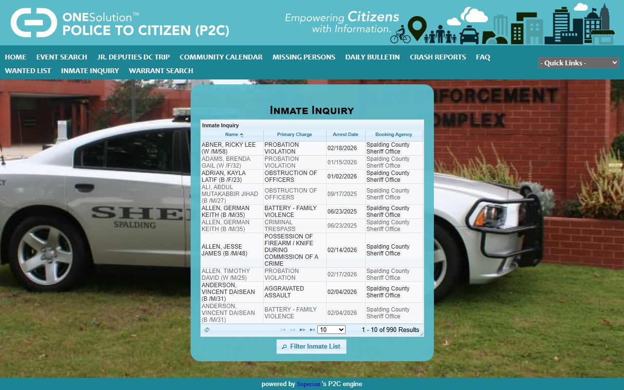 Spalding County inmate inquiry page for jail mugshots