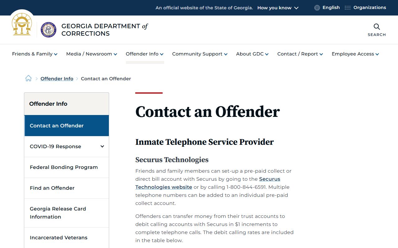 Georgia Department of Corrections contact offender information page