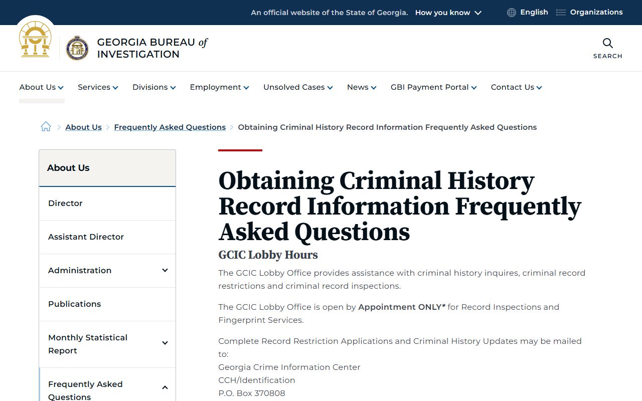 GBI criminal history FAQ page for Georgia jail mugshots records