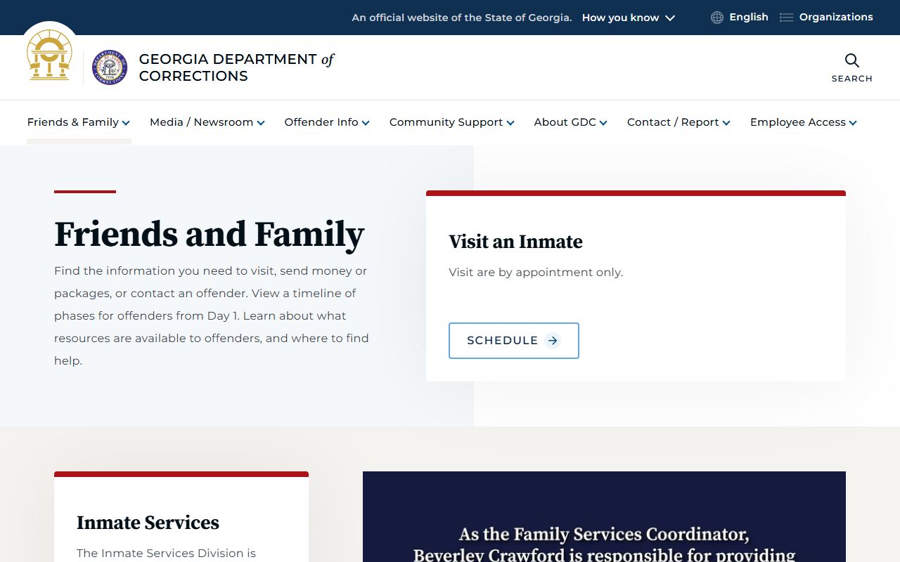 Georgia Department of Corrections family services page for jail inmates