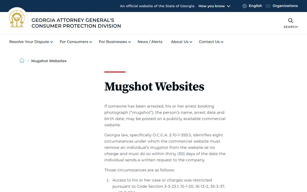 Georgia Consumer Protection Division mugshot website complaints page